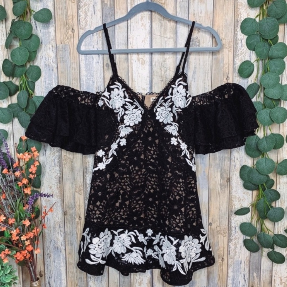 For Love & Lemons Matador Black & White Lace Cold Shoulder Mini Dress
